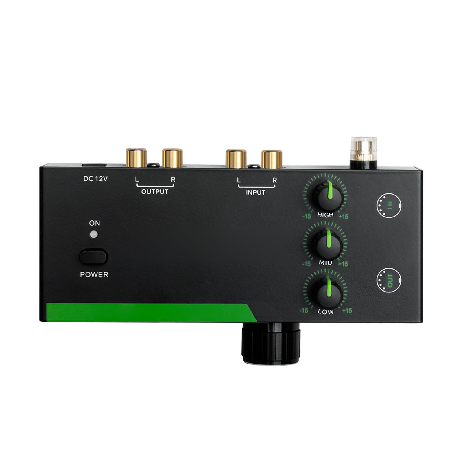 Alomejor Preamplificatore Fono, Preamplificatore Giradischi Mm MC con Regolazione Alta Media Bassa Frequenza da -15 a +15 DB, Uscita Jack Cuffia 3,5 Mm, Connessione di Terra per (Spina europea)