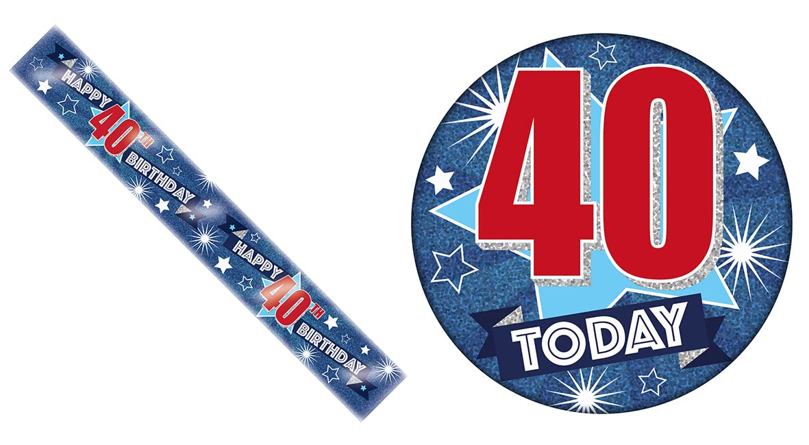 Age 40 Blue And Silver Holographic Shiny 40th Birthday Party Kit Set (Banner And Giant Badge)