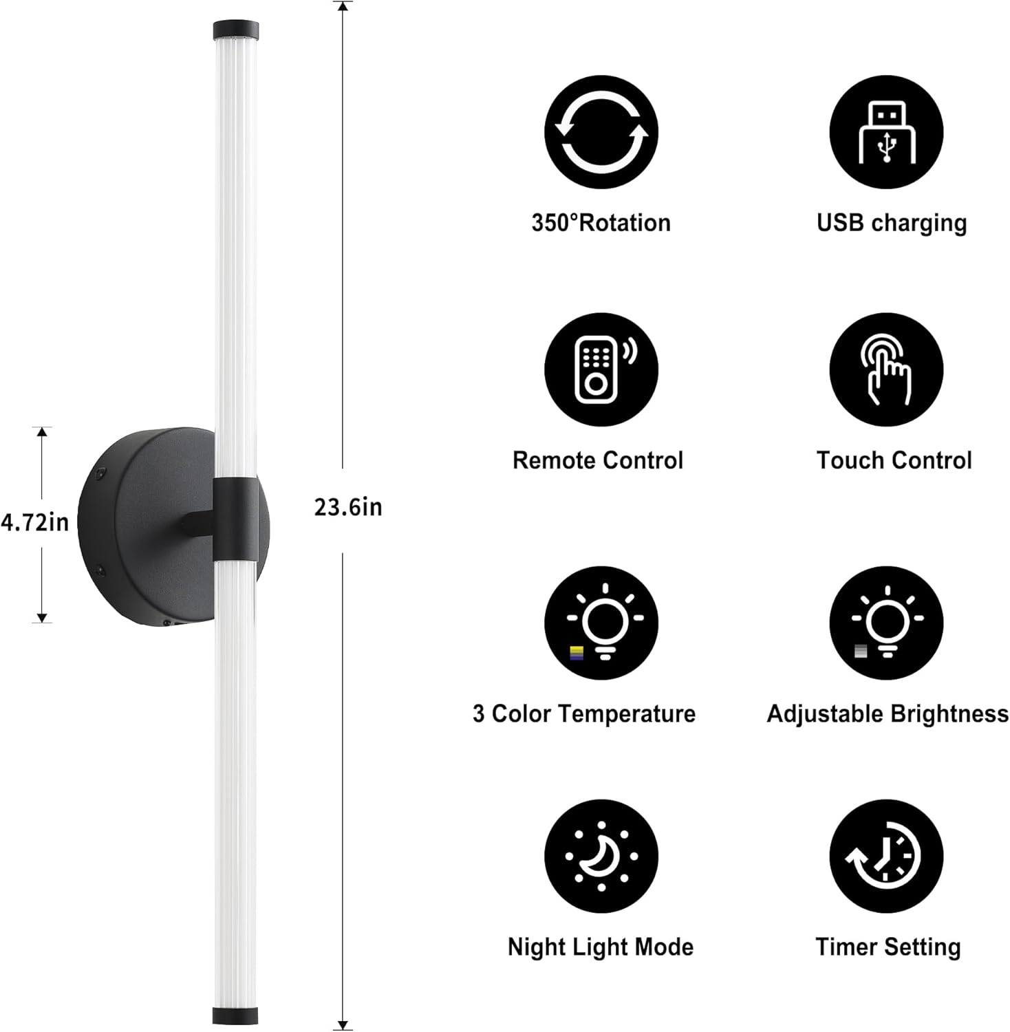 KARTOOSH Wireless Wall Sconces Rechargeable Battery Operated LED Wall Light with Remote, 3000K-6000K Adjustable Stepless Dimming for Bedroom, Hallway, Kitchen, 23.6 Inch Black
