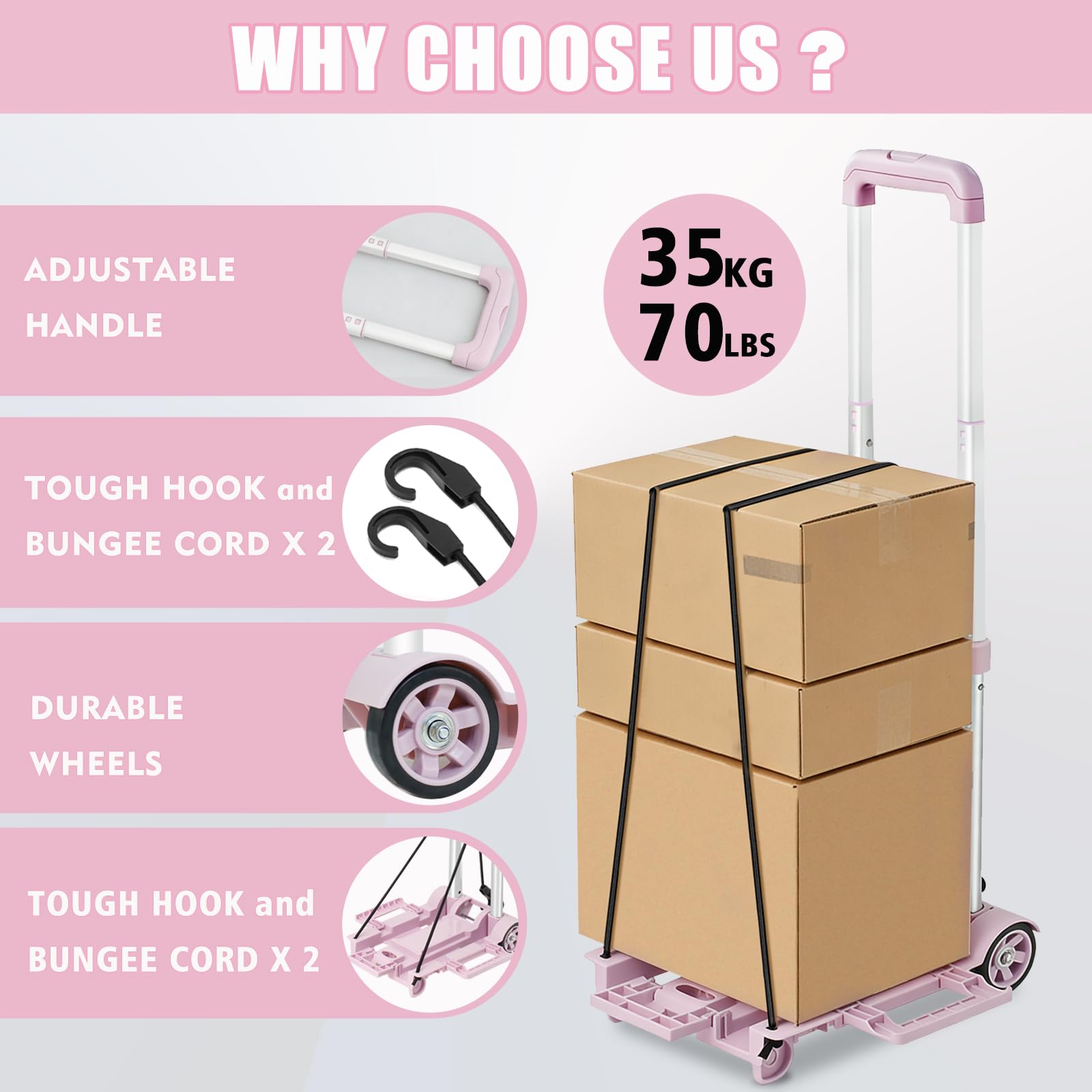 ZHJINGYU Aluminiowy wózek transportowy składany, 35 kg z drążkiem teleskopowym – 2 linki ekspanderowe w zestawie – lekko poruszające się koła – idealny do gospodarstwa domowego i przechowywania (2