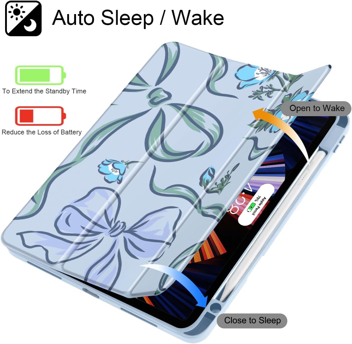 Mektron Case for M5/ M4 iPad Pro 11 inch 2025/2024 with Pencil Holder, Compatible Models: A3357/A3358/A3359/A2836/A2837/A3006, Shockproof Cover Clear Shell, Flowers-Bows-Blue