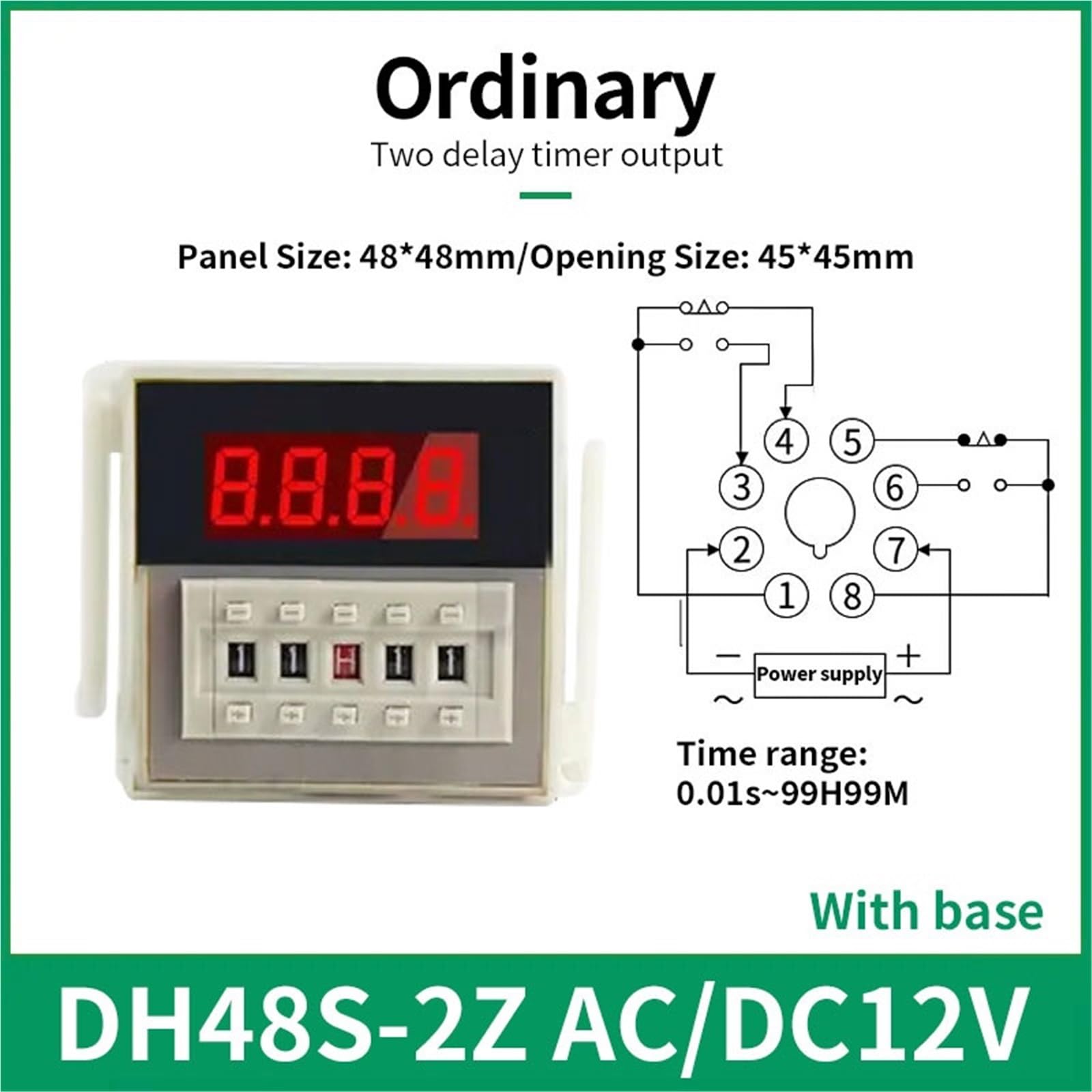 Interruptor de relé Temporizador programable LED Digital DH48S-2Z 0,01 S-99H99M con Base de Enchufe AC/DC 12V 24V 220V 380V Temporizador de retardo(12V ACDC)