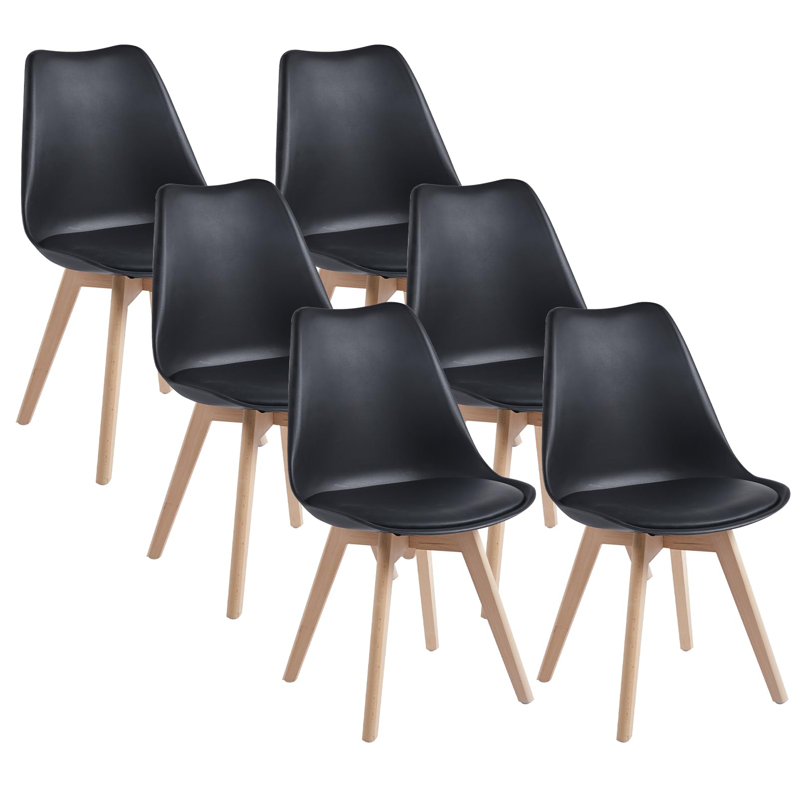 DEWINNER Pack de 6 Sillas de Comedor, Sillas de Cocina, Asiento Acolchado Tapizado y Patas de Madera Maciza de Haya, Silla Negro