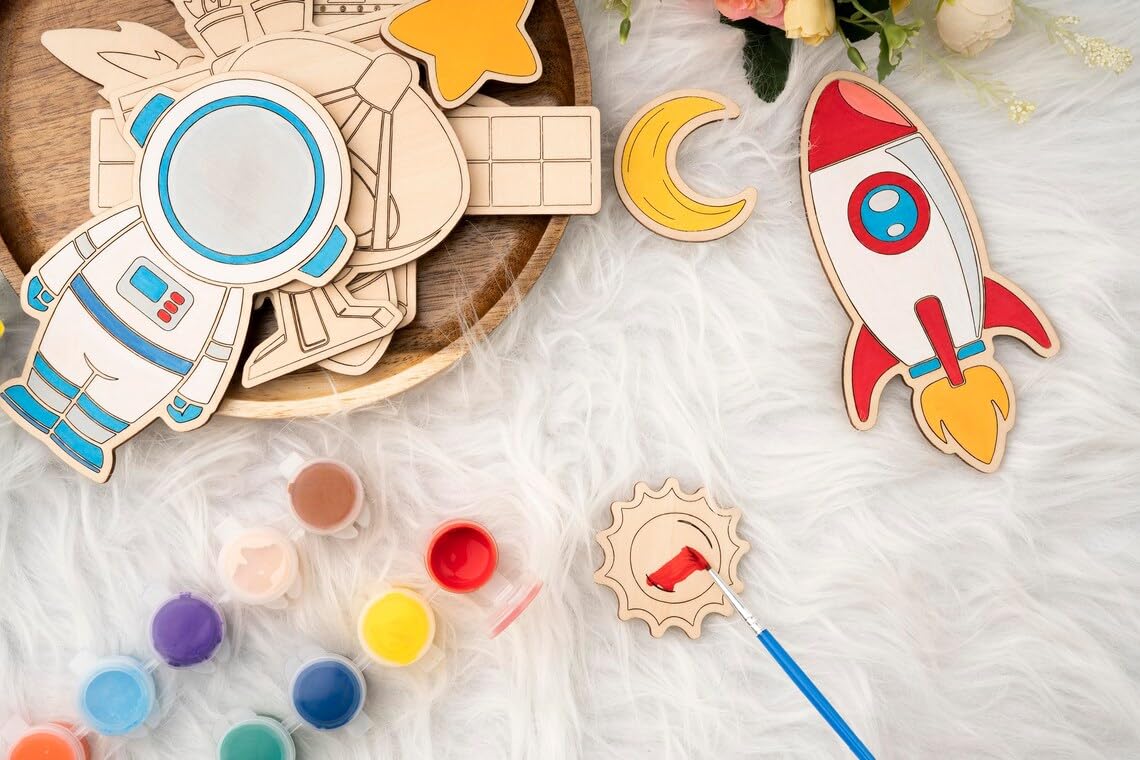 American Elm Set of 10 DIY Wooden Space Astronaut Painting Kit for Kids - Creative Wooden Toys DIY Craft Unfinished Space Figures DIY Wooden Crafts for Kids Art 3