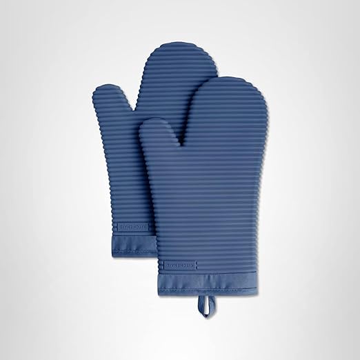 KITCHENAID Ribbed Soft Silicone Oven Mitt 2-Pack Set, 7.5"x13", Blue Willow