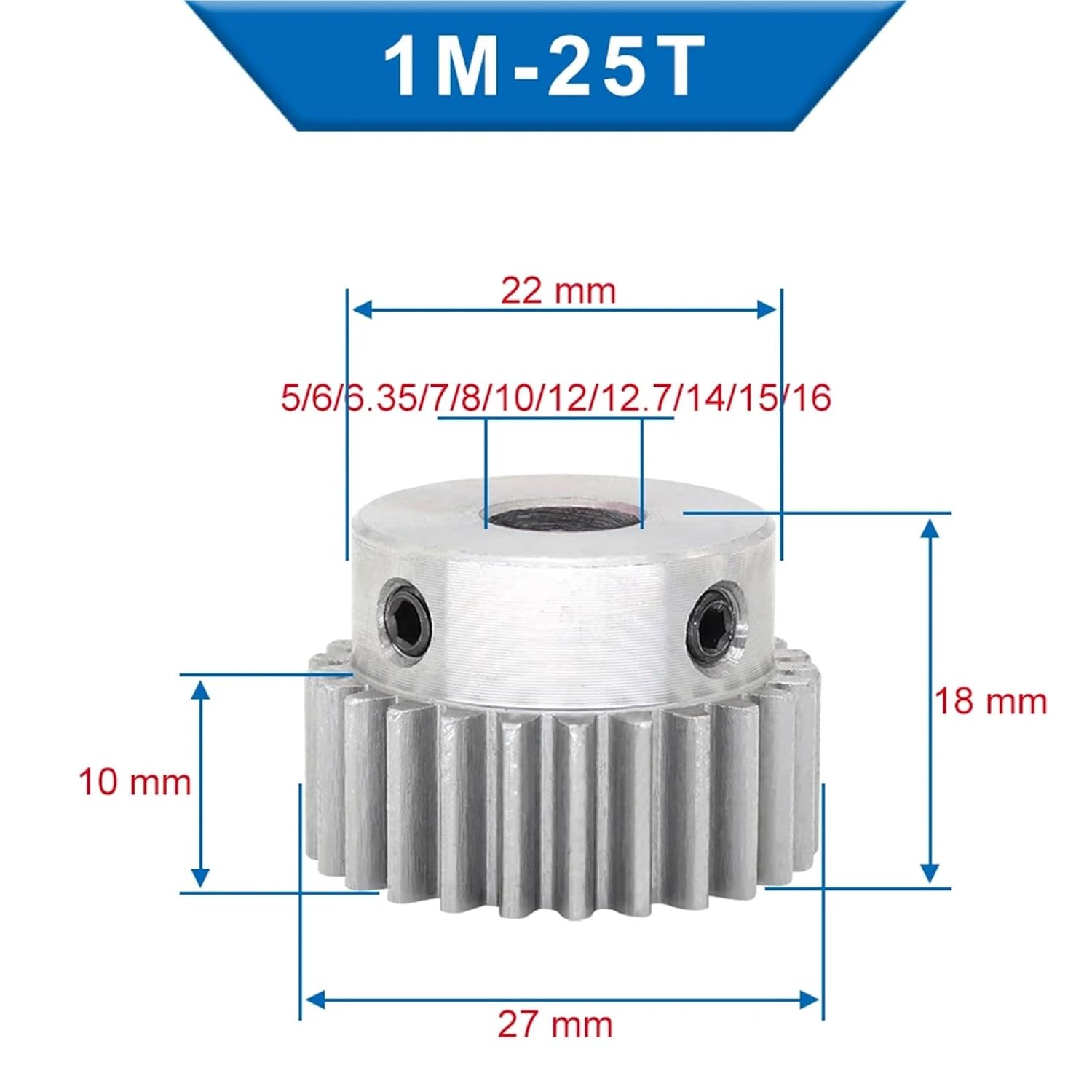 1M25T Spur Gear Bore 5-16mm Motor Low Carbon Steel Material Metal 1Pcs(12mm)