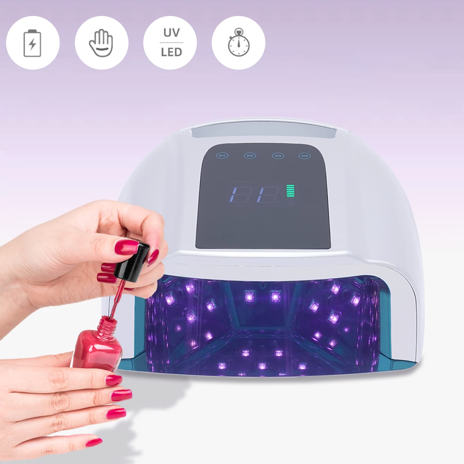 Manicure Nail Dryer, 96W LED Dual Light Design Nail Light, Professional Cordless UV Nail Lamp with LCD Display & 4 Timer Setting, Rechargeable UV Light for Home Use or Nail Salon Silver