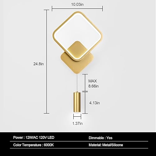 Miniatura 6 de BNHHLZ Apliques de pared LED modernos, aplique de pared para interiores, 6000 K, regulable, dorado, lámpara de pared de baño, lámparas de pared de