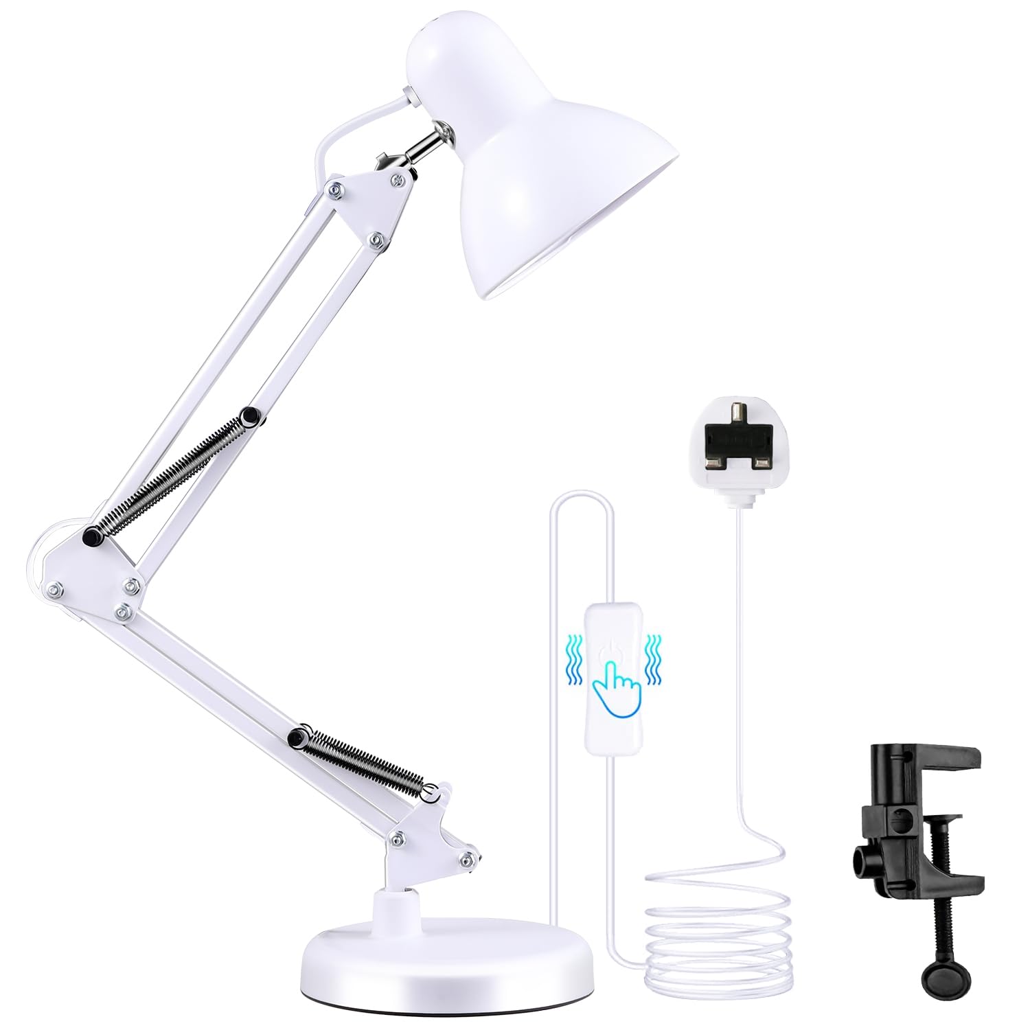 Metal Swing Arm Table Lamp, Multi-Joint Classic Architect Desk Lamps with Clamp, Adjustable Clip-On Office Reading Desk Light Compatible with E27 Bulb, Dimmable Bedside Night Light for Study, Work