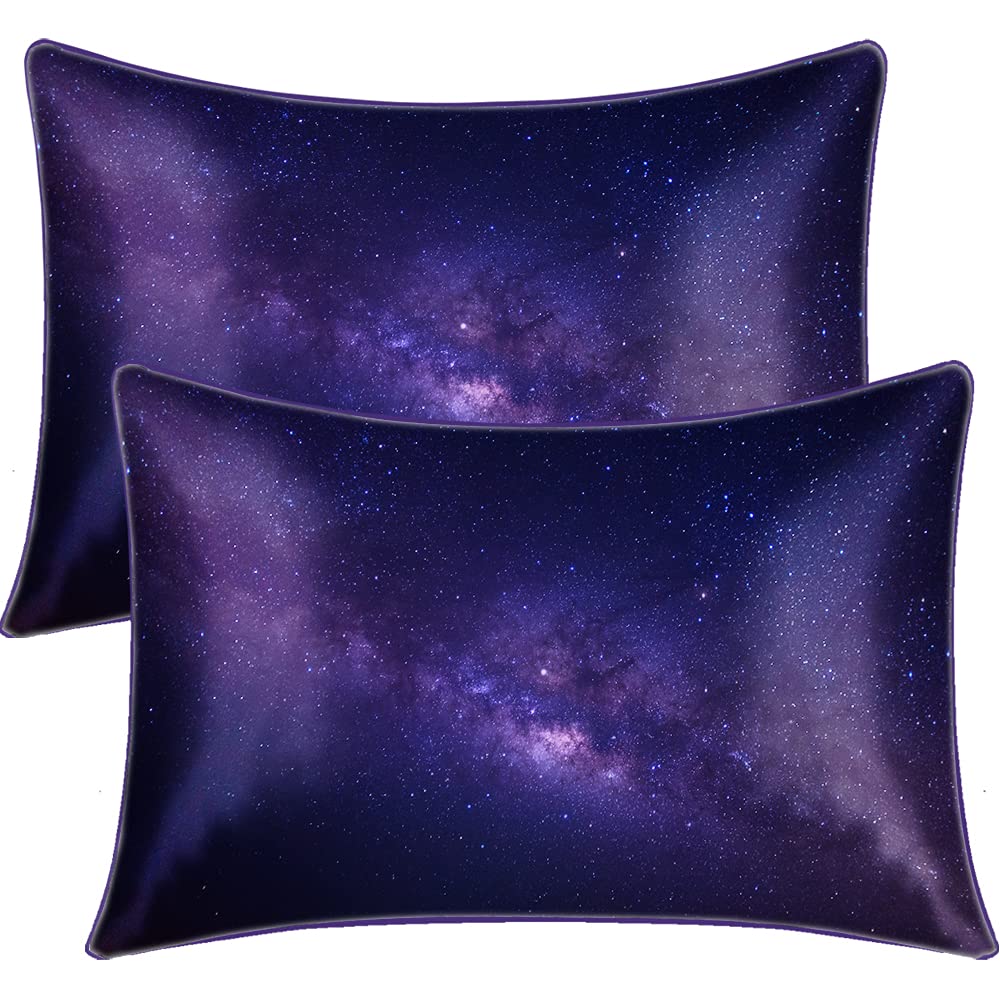 BlessLiving Satin Pillowcases Set of 2 for Boys Girls, Super Soft Silky 3D Galaxy Space Print Pillowcase with Envelope Closure Standard(20''x26'') (Purple) โ image 1