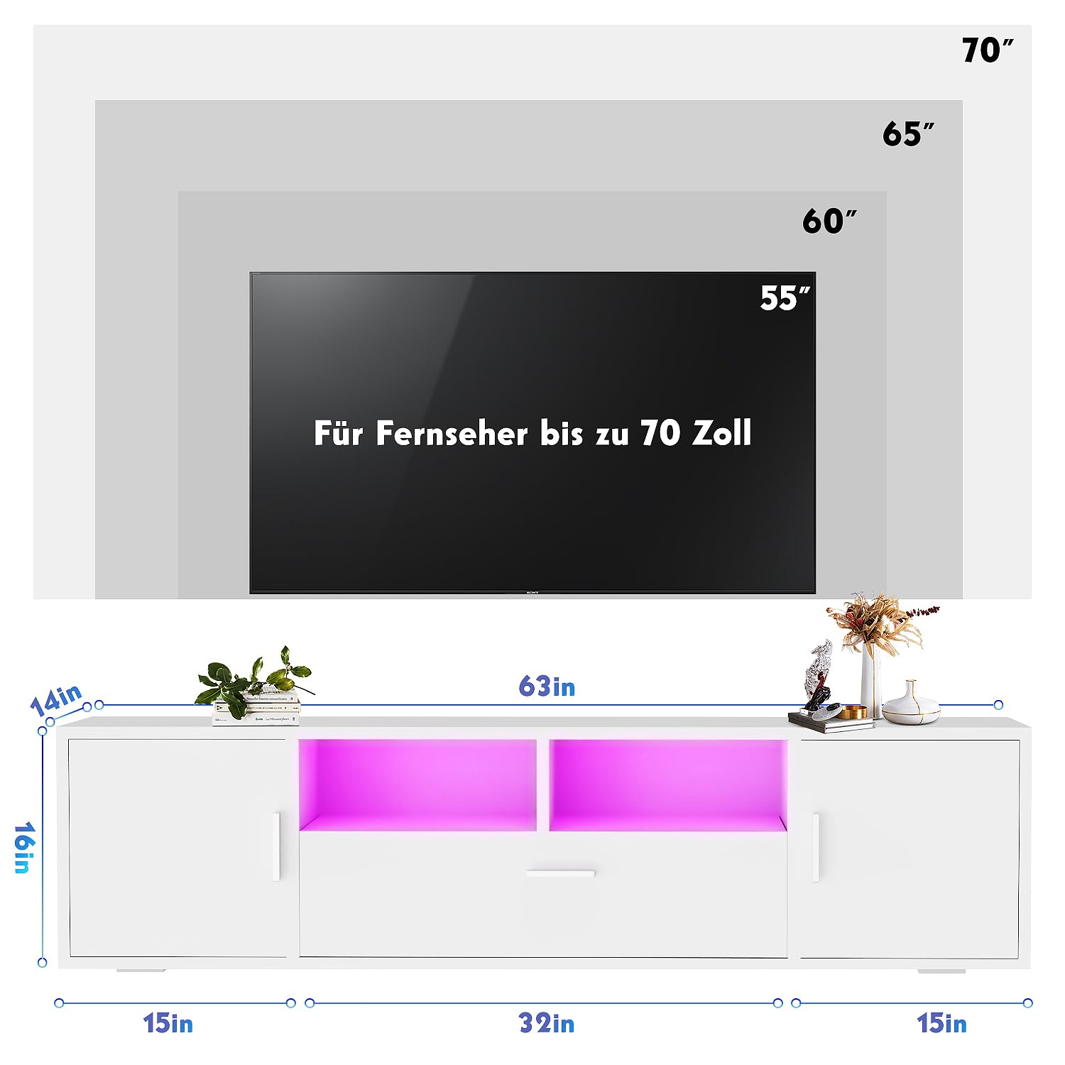 TV-Schrank LED, TV Lowboard mit Großem Stauraum, Fernsehtisch mit RGB LED-Beleuchtung, TV Board für Wohnzimmer Schlafzimmer, Weiß 160x 35 x 40 cm