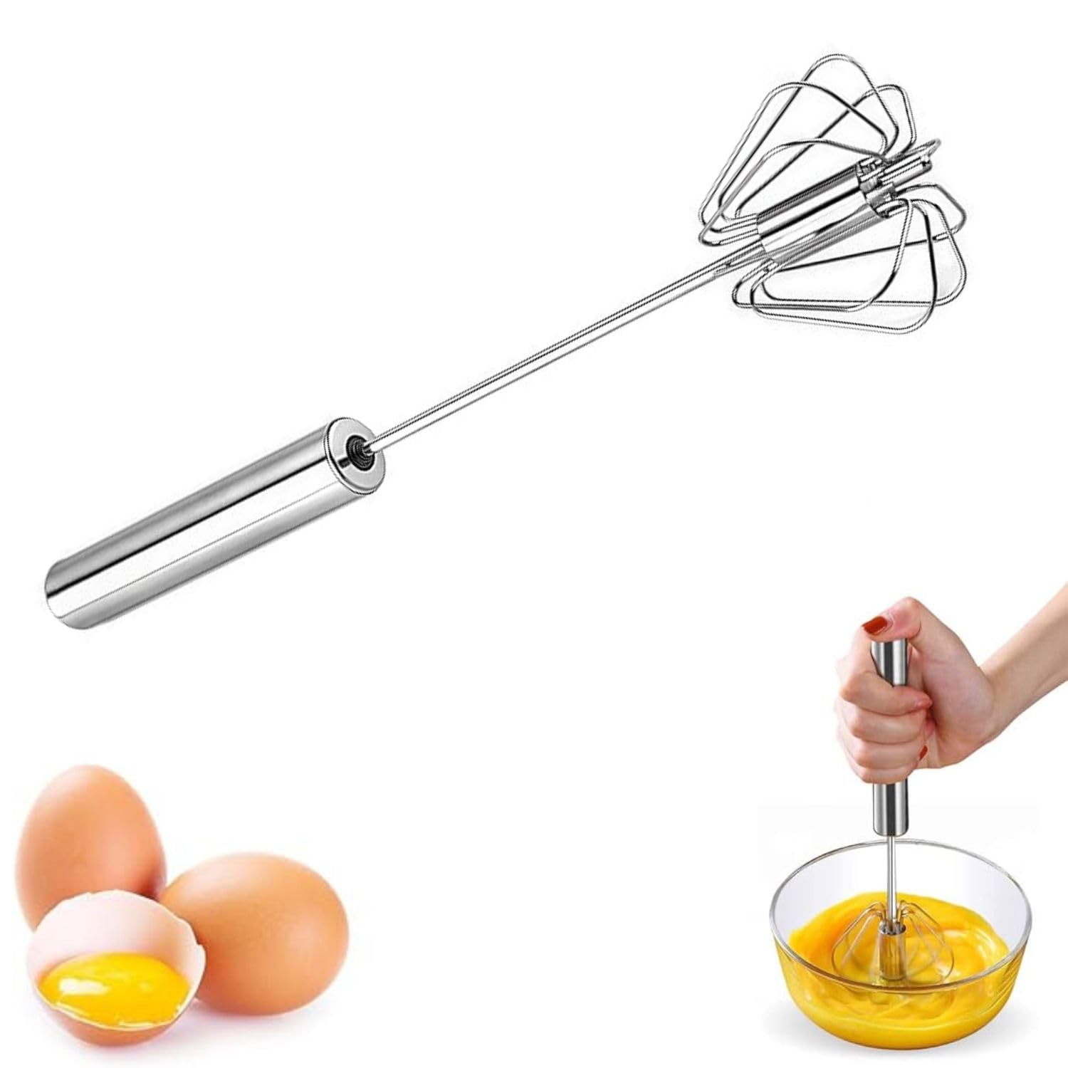 BNIRA Stainless Steel Hand Push Whisk | Semi-Automatic Egg Beater | Manual Hand Blender & Milk Frother for Lassi, Coffee, Cream, Cake Mixing, Sauces & Baking – 9 Inch Kitchen Whisk Mixer-image-13
