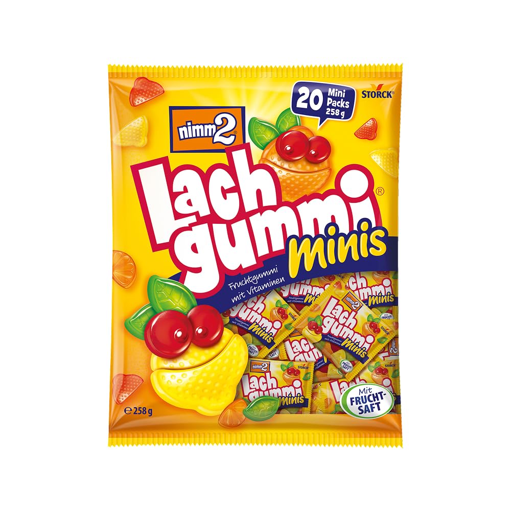 nimm2 Lachgummi Minis – 1 x 258 g (20 Mini Packs) – Fruchtgummi mit Fruchtsaft und Vitaminen – Einzeln verpacke Süßigkeiten-Tütchen