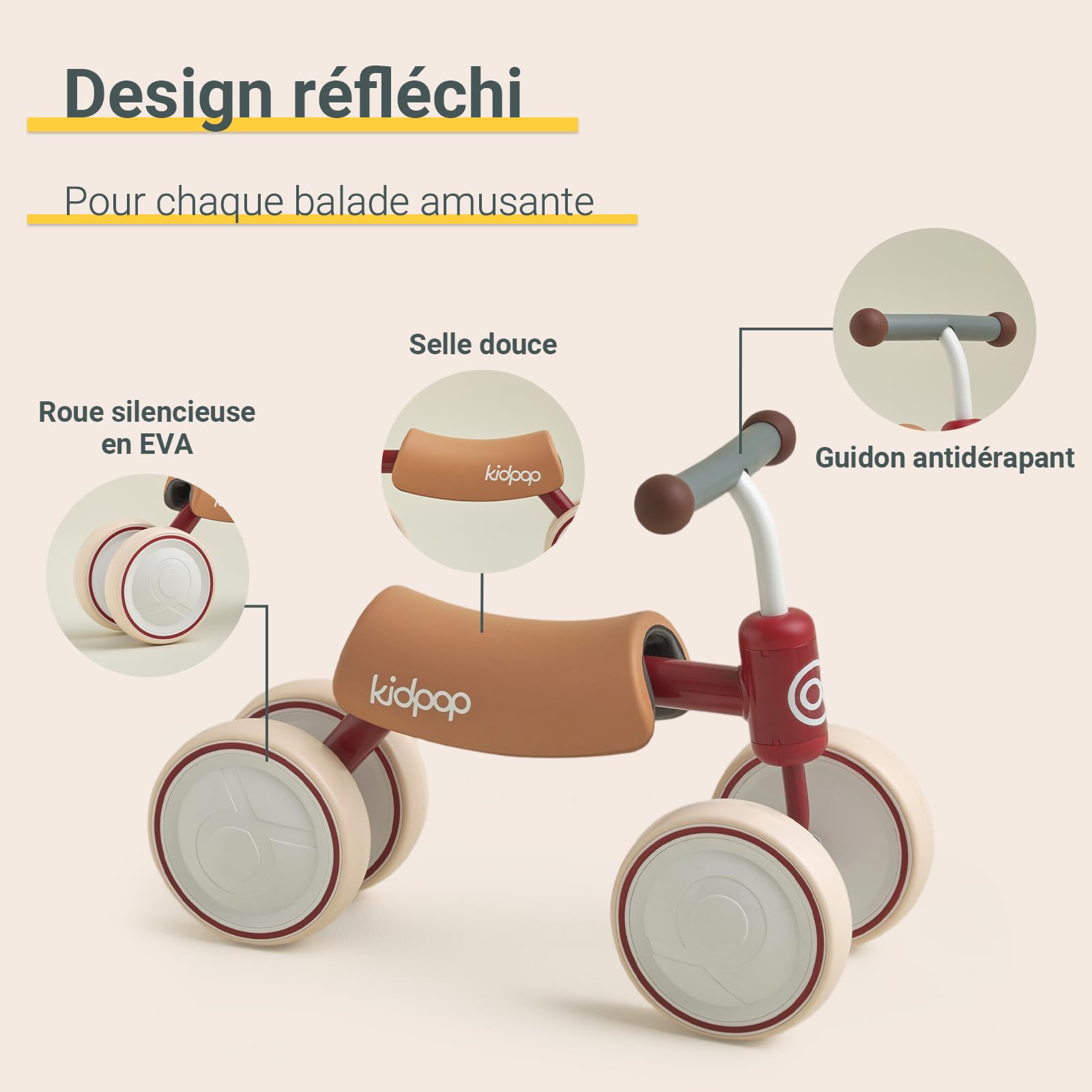 kidpop Vélo d'Équilibre Big Bee (Unisexe), Vélo à Quatre Roues, Jouet à Pousser pour Tout-Petits de 1 à 2 Ans