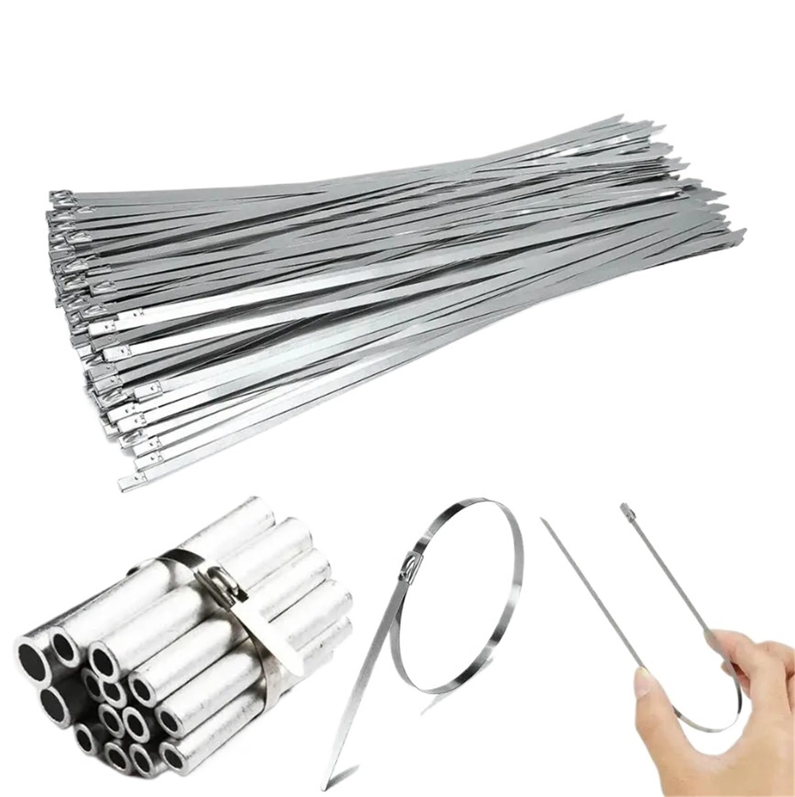 Metalowe opaski kablowe, Metalowa opaska zaciskowa kulkowa ze stali nierdzewnej 304, samoblokująca, szerokość 4,6 mm, opakowanie 5 rozmiarów, wysoka temperatura(100pcs 100x4.6mm)