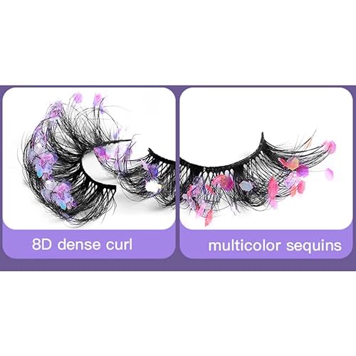 Miniatura 2 de Pestañas dramáticas con purpurina, 1 par de pestañas postizas esponjosas de colores de 0.55 a 0.78 pulgadas, pestañas postizas rizadas de volumen