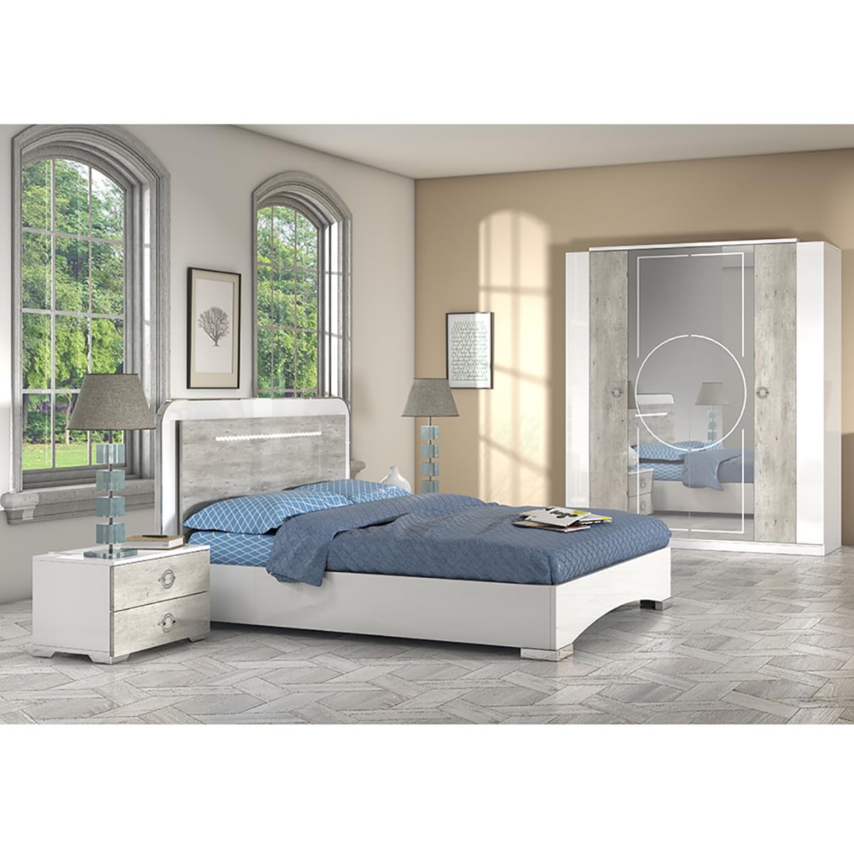 AltoBuy Goya - Ensemble Lit 160x200cm + 2 Chevets + Armoire
