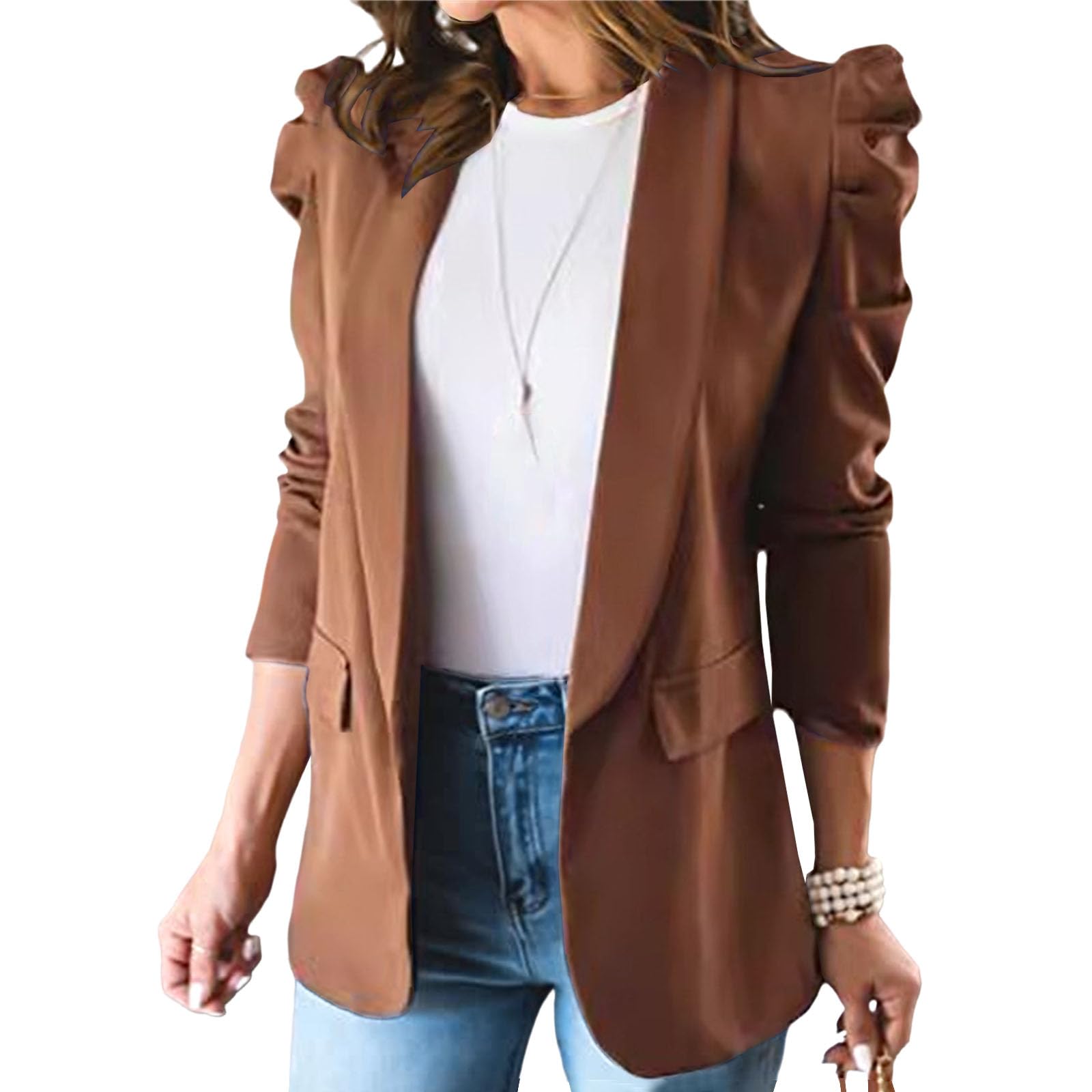 Womens 2025 Fall Spring Casual Blazers Puff Sleeve Lapel Open Front Work Suit Office Blazer Jackets with Pockets