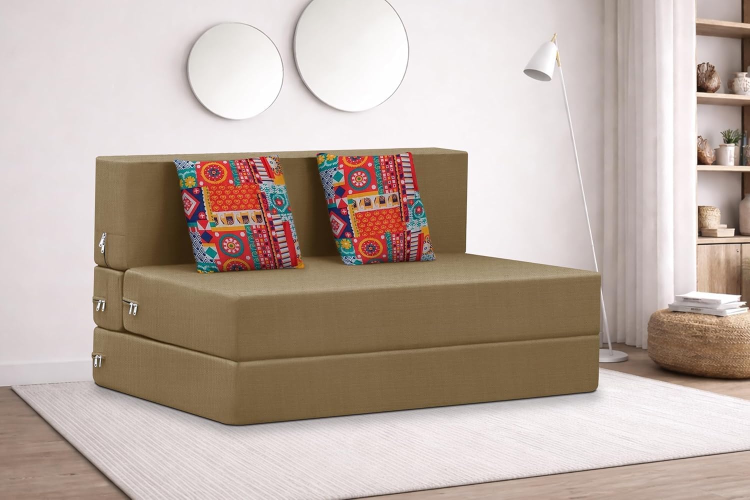 Rosebell 2 Seater Foldable Sofa Cum Bed (4x6 Feet) Jute Fabric, Washable Removable Cover, Includes 2 Cushion | Space Saving Sofa Bed for Home, Office-Golden-image-34