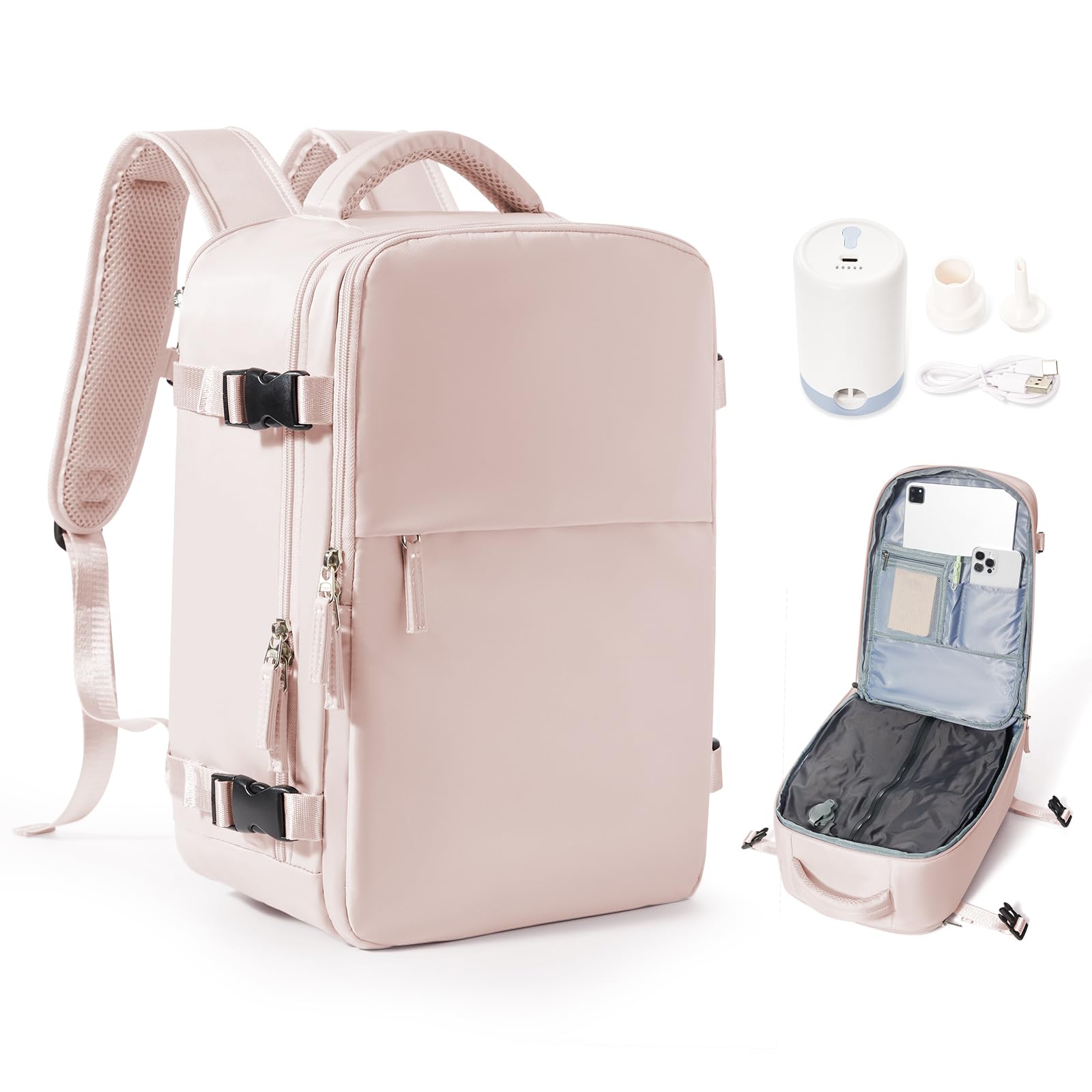 BJLFS Zaino da Viaggio con Sottovuoto Ryanair 40x30x20 Wizzair Bagaglio a mano 40x20x25 Ryanair con Pompa Borse da Cabina per Easyjet 45x36x20 con compressione sottovuoto,Zaino Casual per Laptop