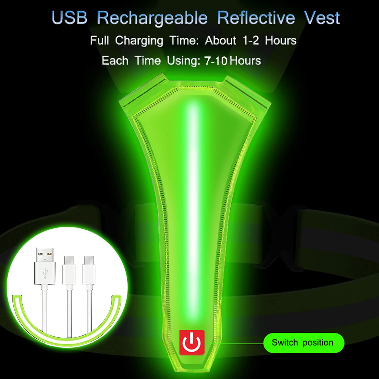 YHGSEE Chaleco Reflectante LED para Correr, con luz Nocturna Recargable por USB, Modelo Y, Chaleco de Seguridad Ajustable, Cintura y Hombro, tamaño elástico, para Correr, para Hombres, Mujeres, niños