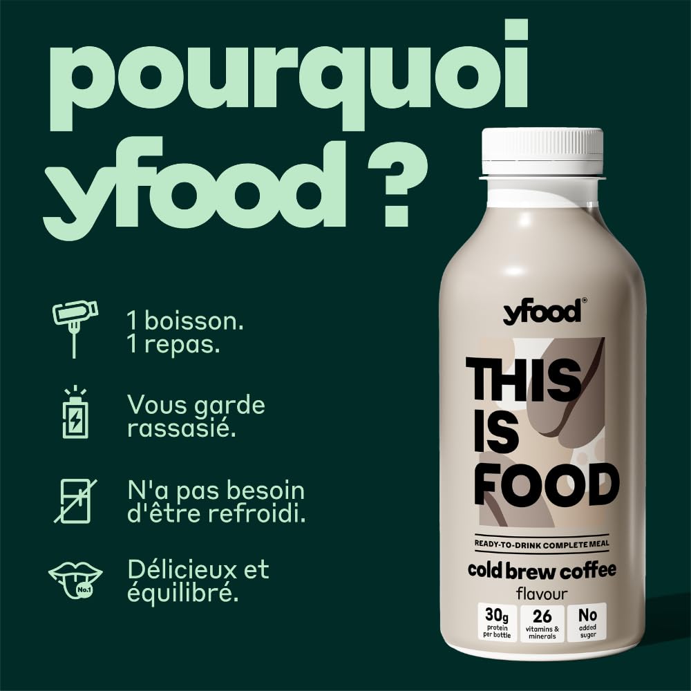 yfood Cold Brew Coffee, repas prêt à boire, THIS IS FOOD, substitut de repas, 34 g de protéines, 26 vitamines et minéraux (12 x 500 ml), goût café avec caféine