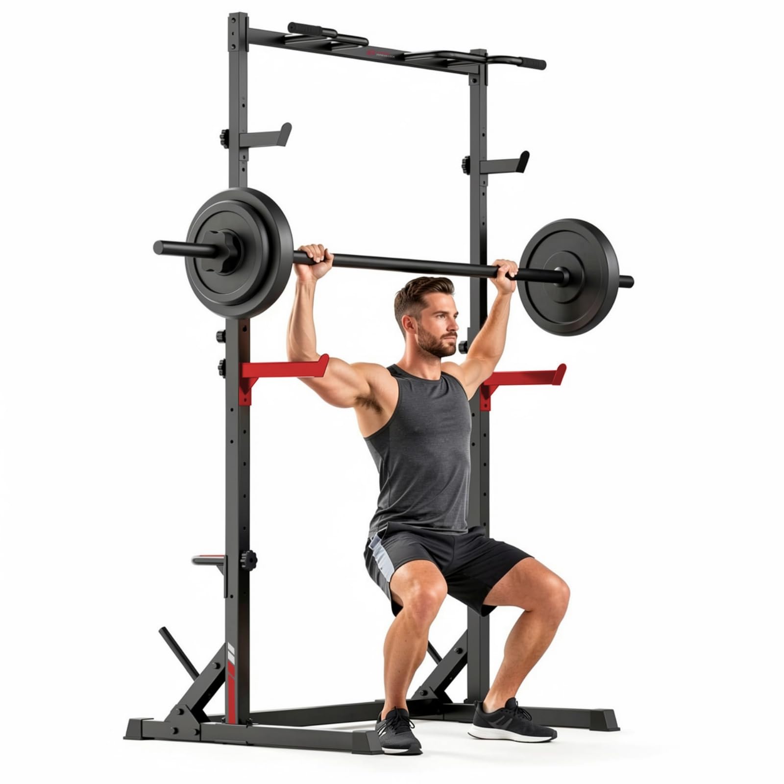 Rack de Sentadillas Multifuncional con Barra de Dominadas, Soporte Totalmente Ajustable, Capacidad de Carga 300 KG, Jaula de Potencia de Acero Reforzado para Entrenamiento de Fuerza en Casa