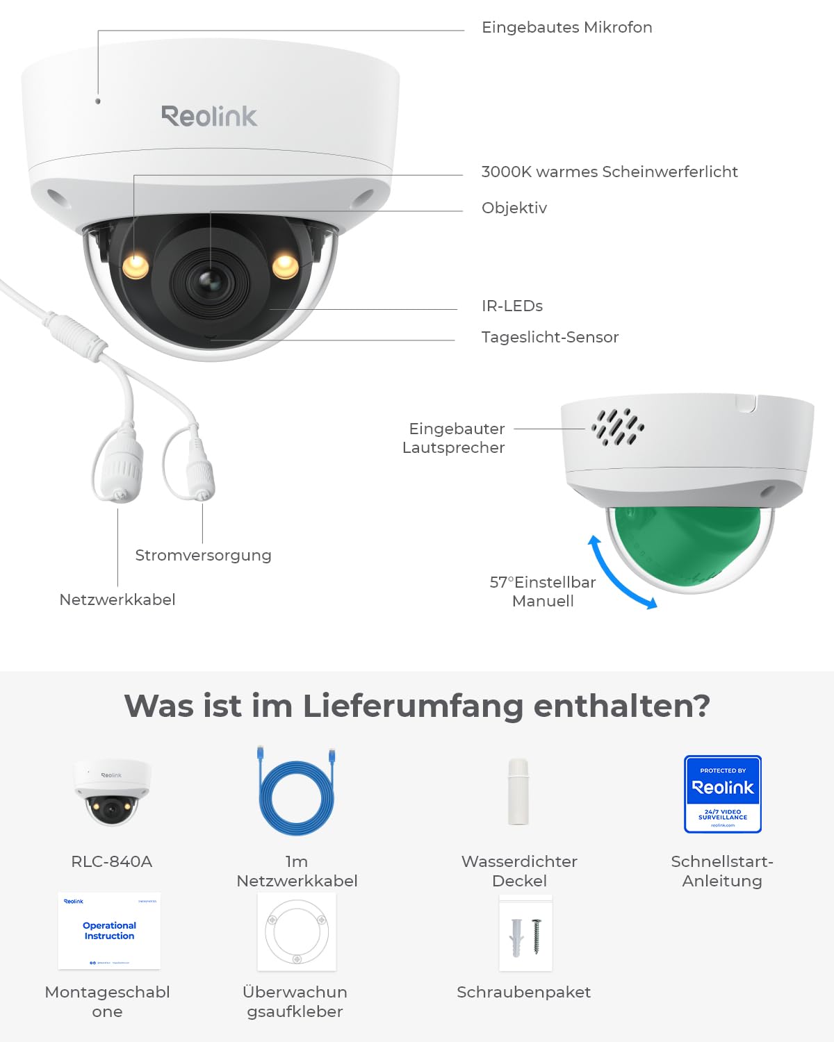 Reolink 4K UHD PoE Überwachungskamera, mit Ik10 Vandalismusschutz,RLC-840A | Farbnachtsicht, intelligenter Personen-/Fahrzeug-/Tiererkennung, Zwei-Wege-Audio, Einer schwenkbaren Innenhalterung,