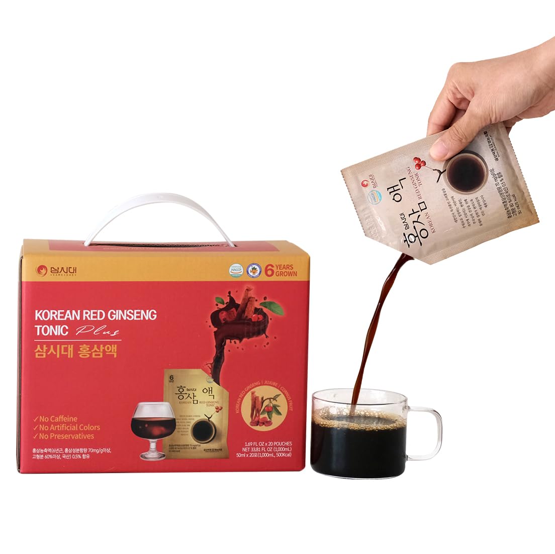 Korean Red Ginseng Tonic – 6-Year Grown Roots with Jujube & Cornus Fruit Extract – Caffeine-Free Herbal Supplement – Supports Energy and Immune Health – 20 Convenient Daily Pouches