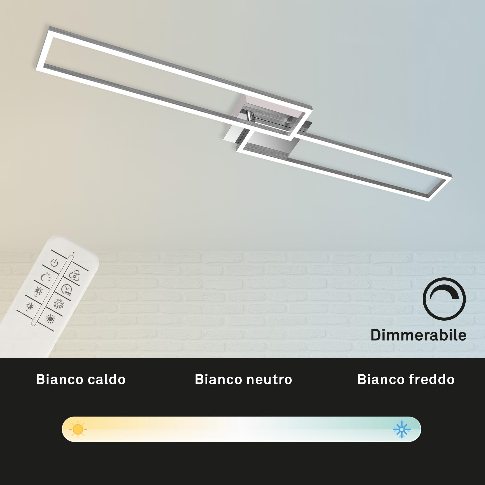 BRILONER - Plafoniera a LED, Lampada da soffitto dimmerabile con Telecomando, Luce calda, neutra, fredda, 1100x248x78mm, LED integrati 40W, 4400Lm, ruotabile, Cromato/satinato