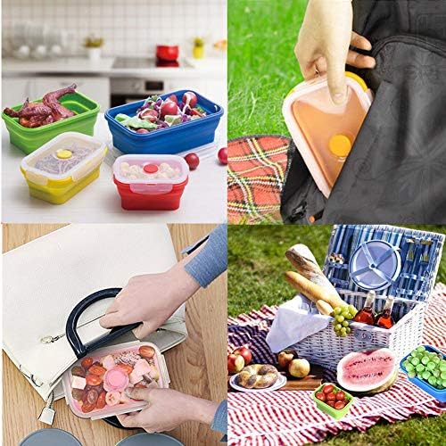 4 Pack Silicone Collapsible Food Storage Containers Set BPA Free Folding Lunch Bento Box Stackable Kitchen Organiser Dishwasher Microwave Safe (Rectangle (Blue+Green+Yellow+Red), 4 Pack)