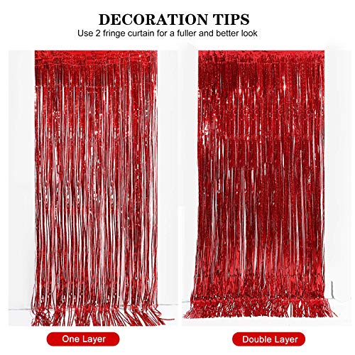 Image of CYLMFC Metallic Tinsel Curtains, 2 Pack 3x8ft Foil Fringe Backdrop for Birthday & Graduation Decorations, Red