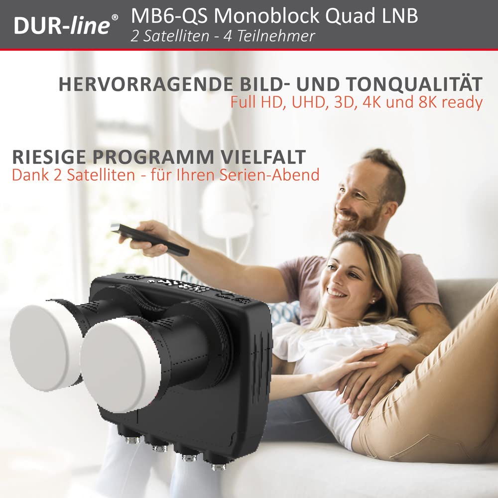 DUR-line 6° Monoblock Quad LNB,Astra 19.2°E + Hotbird 13°E,4 partecipanti & 2 satelliti (MB6-QS),Doppio LNC con DiSEqC integrato, 3D,Resistente alle intemperie + schermatura per telefono cellulare
