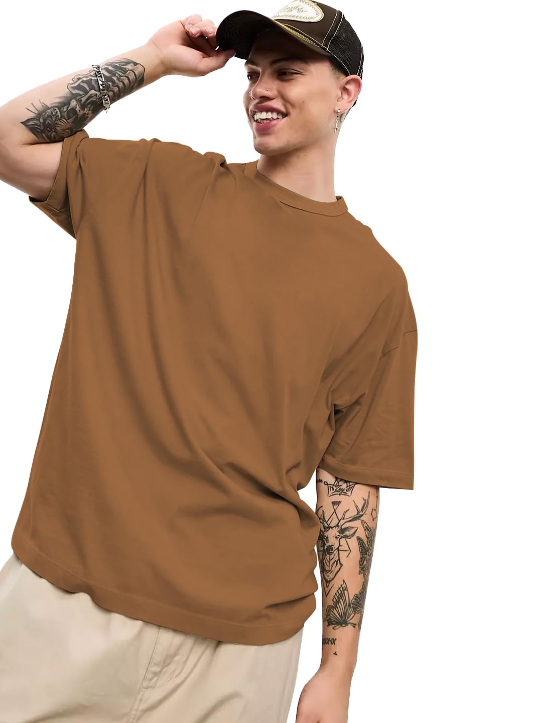 CHKOKKOPolyester Oversized Solid Round Neck Tshirts for Men Golden Brown L (T-La-1-5)