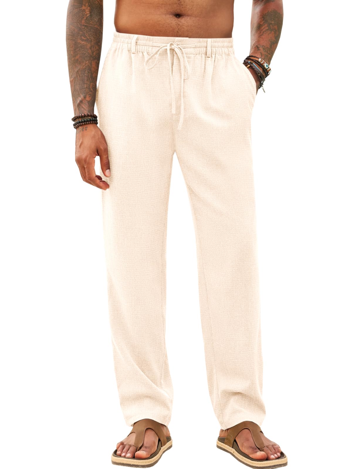 Runcati Mens Casual Pants Linen Elastic Waist Drawstring Lightweight Pants Loose Fit Summer Beach Yoga Trouser
