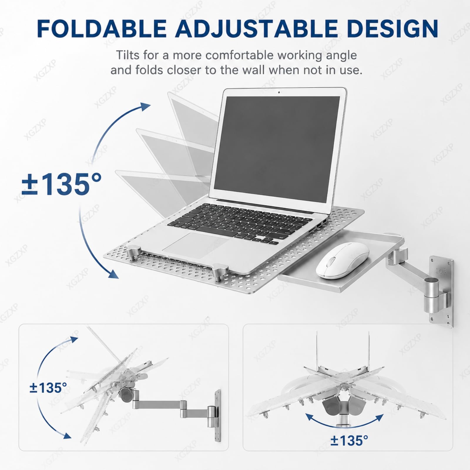 Support Mural Pliable pour Ordinateur Portable, avec Plateau pour Souris, Rotation sur 3 Axes, Capacité De Charge 8 Kg, Plateforme De Refroidissement Ventilée, pour Chambres, Bureaux, Usines.