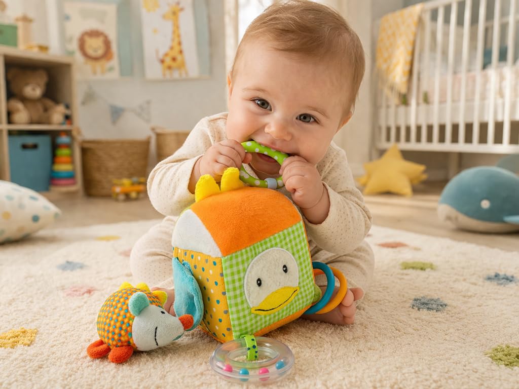 Teorema Gogo - Dados sensoriales suaves para recién nacidos con oso de peluche y mordedor – Juegos 0 – 12 meses, bola sensorial, juguete para la infancia, regalo para el nacimiento de un niño