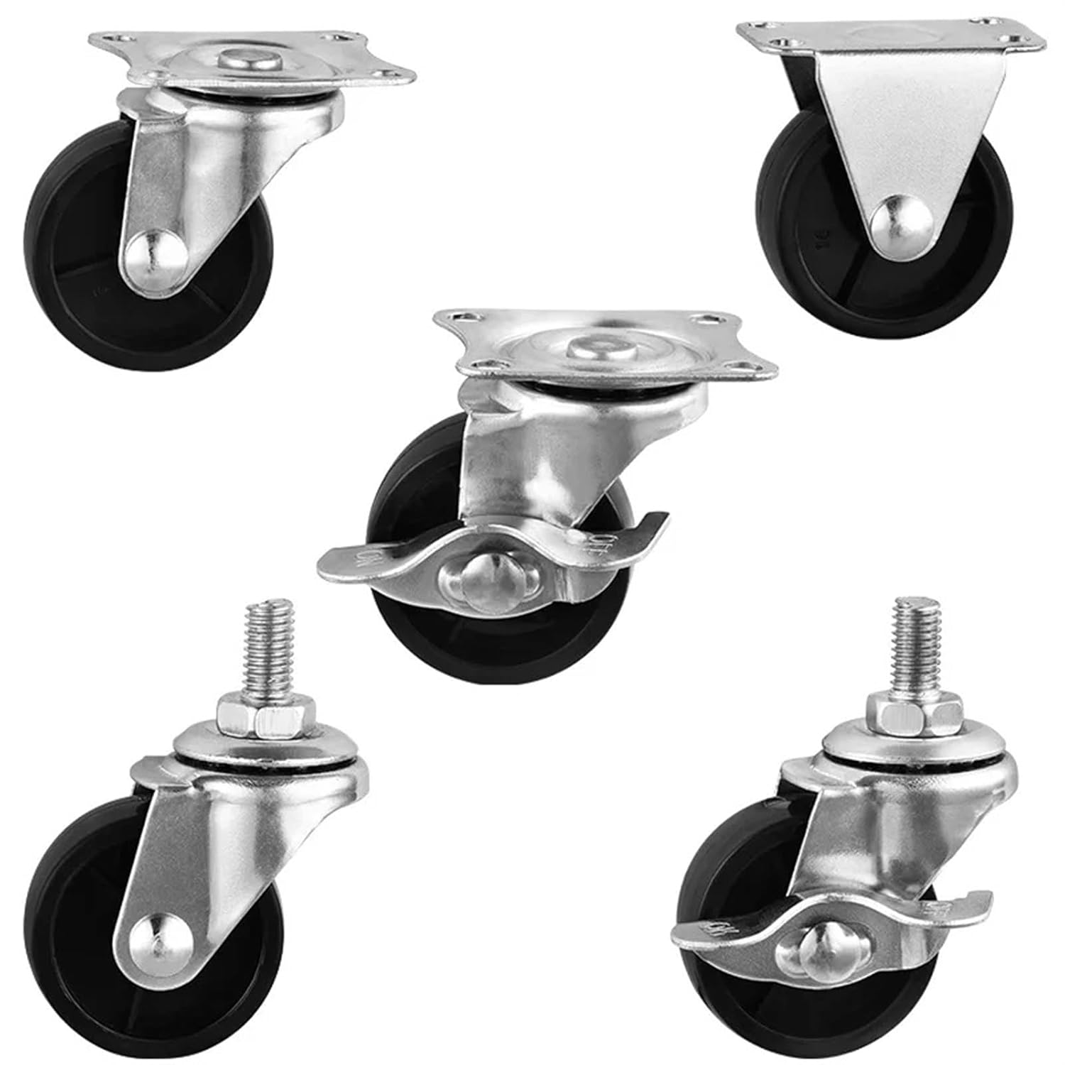 4 Pcs/Lot Lightweight Black PP Universal Wheels M8 Screw Casters Display Shelves Storage Racks Small Carts(Brake,1 Inch)