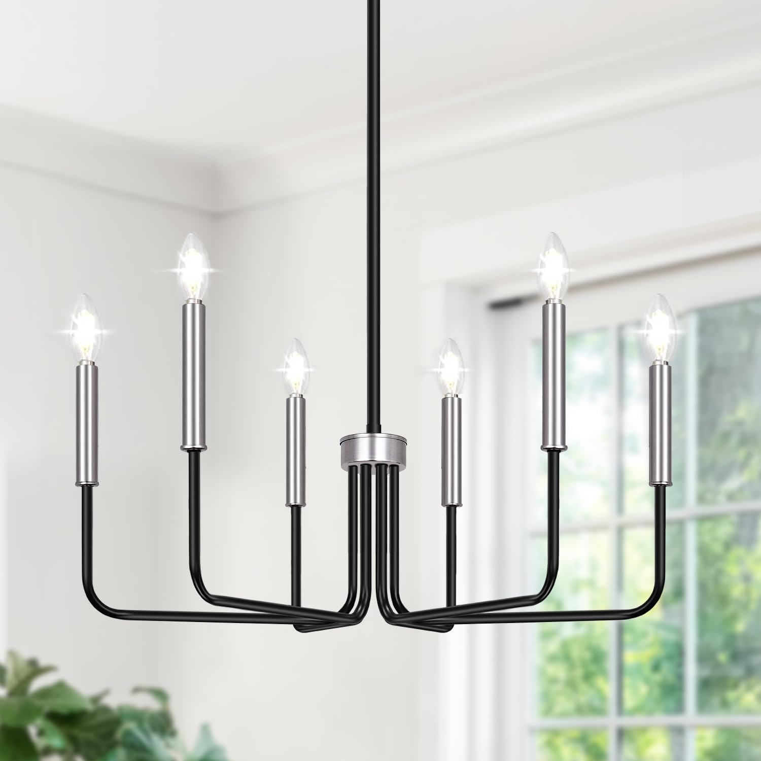 6-Light Farmhouse Chandelier for Dining Room Lighting Fixtures Hanging Black and Silver Dining Light Fixtures Industrial Chandelier for