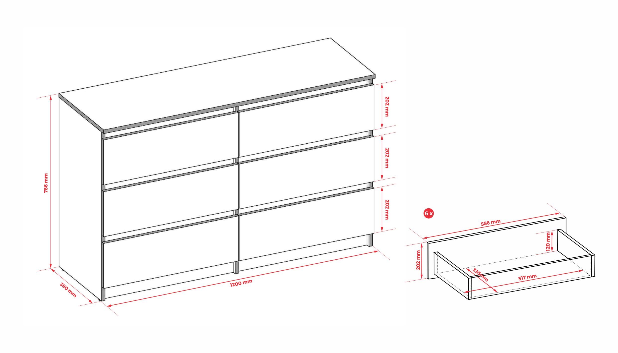 3E 3xE living.com cassettiera, credenza con 6 cassetti Antracite e Rovere lancelot, 120 x 79 x 39 cm
