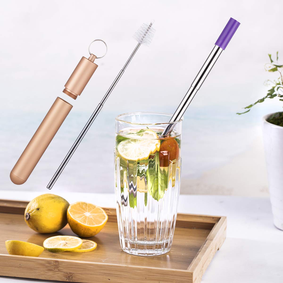 Aifeer Reusable Metal Straw Collapsible Stainless Steel Drinking Straw Portable Telescopic Straw with Case Rose Gold