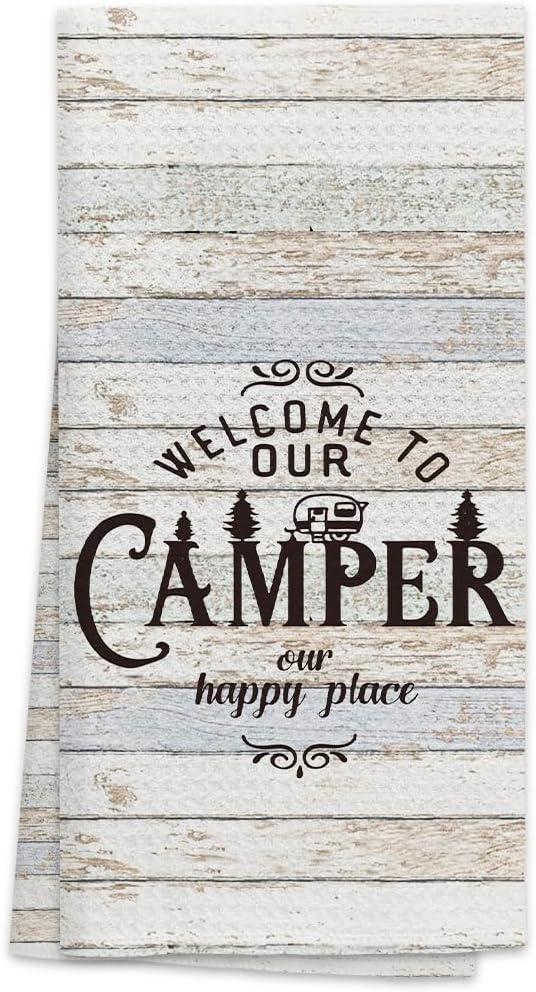 OHSUL Welcome to Our Camper Our Happy Place Camping Kitchen Towels Dish Towels Dishcloth,Funny Camping Hand Towels Tea Towel for Bathroom Kitchen RV Camper Trailer Decor,Campers Camping Lovers Gift
