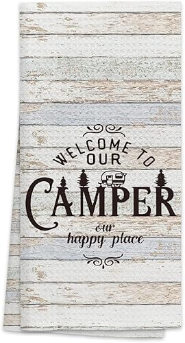 Bienvenido a nuestro camper Our Happy Place - Toallas de cocina para camping, paños de cocina, paños de cocina, divertidos paños de mano para