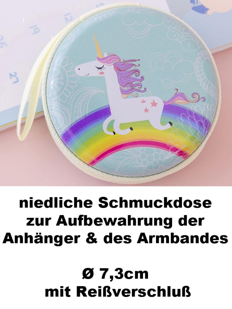 Geschenk Set Einhorn Armbanduhr Mädchen wasserdicht Bettelarmband 4 emaillierte Anhänger Unicorn Sammelbox Nylon Armband