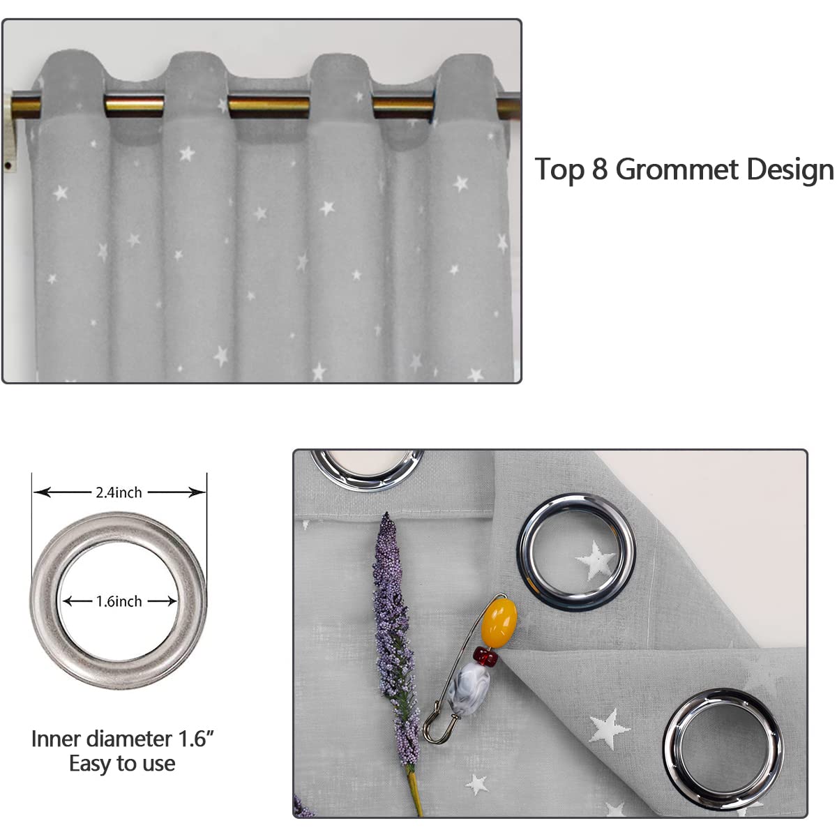 Bildenly Stars Sheer Curtains Glow in The Dark Curtains 2 Panels Luminous Blackout Curtain Stars Tulle Window Treatments with Grommet for Kids Bedroom Living Room Decor,Gray 52