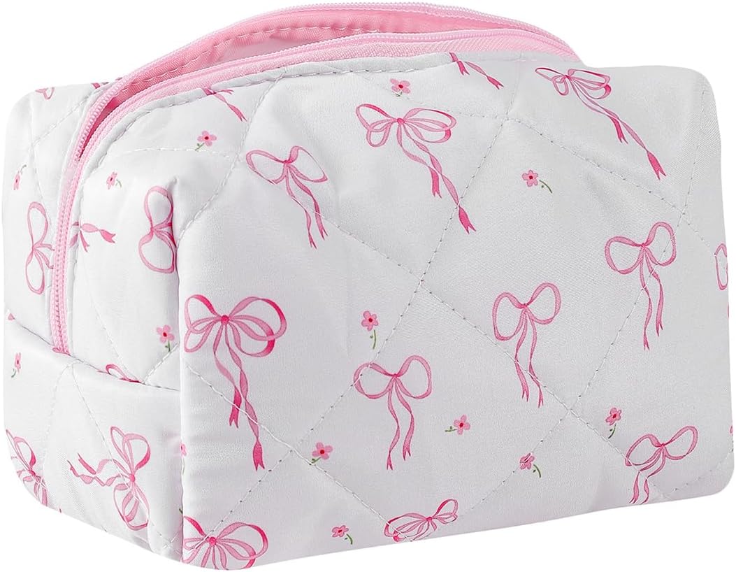 Cute Small Floral Cotton Makeup Bag, Quilted Zipper Pouch with Coquette Bear for Women and Girls, Kawaii Travel Cosmetic Bags for Purse(20Little Purple Bow)