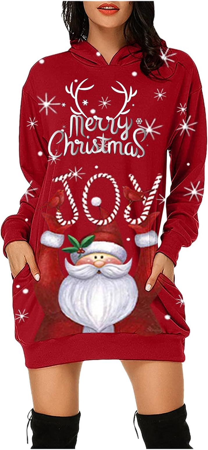 Midi Dresses Women's Festive Christmas Jumper Print Long Sleeves Hoodie Sweater Dress Large Sizes Hoodie Xmas Hoodie Women's Dress Festive with Hood Christmas Dresses
