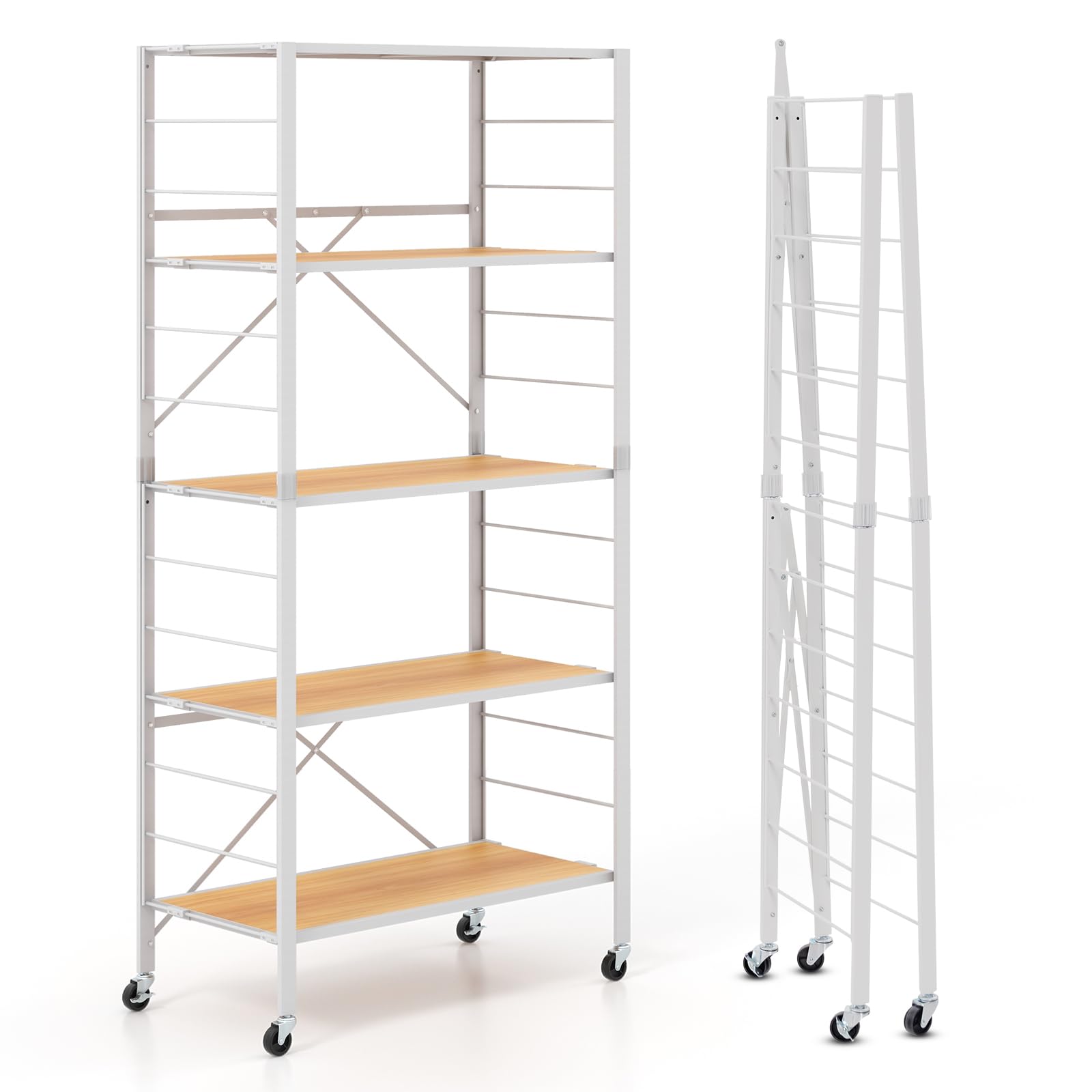 COSTWAY 3/4/5 Tiers Foldable Shelving Unit, Standing Storage Cart Shelves with Adjustable Shelf & Detachable Wheels, Metal Shelving Rack Organizer for Home Garage (MDF 5 Tier Shelf, Natural+White)