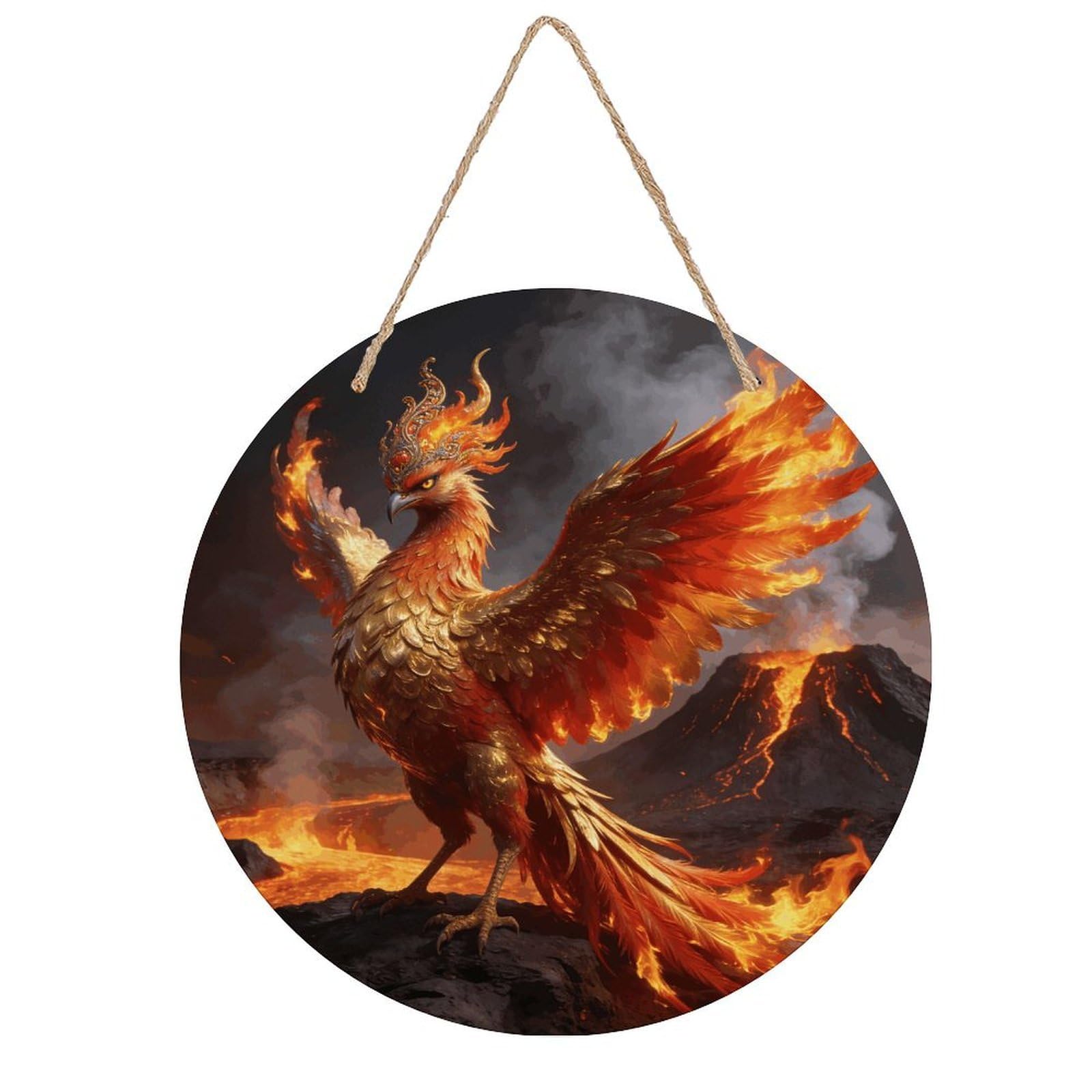 LZQPOEAS Pheonix Round Wood Wall Art Painting, 7.9 Inch Circular Wooden Door Hanger Decorative Paintings, Rope-Hanging Wooden Wall Plaque for Home Decor And Office Party