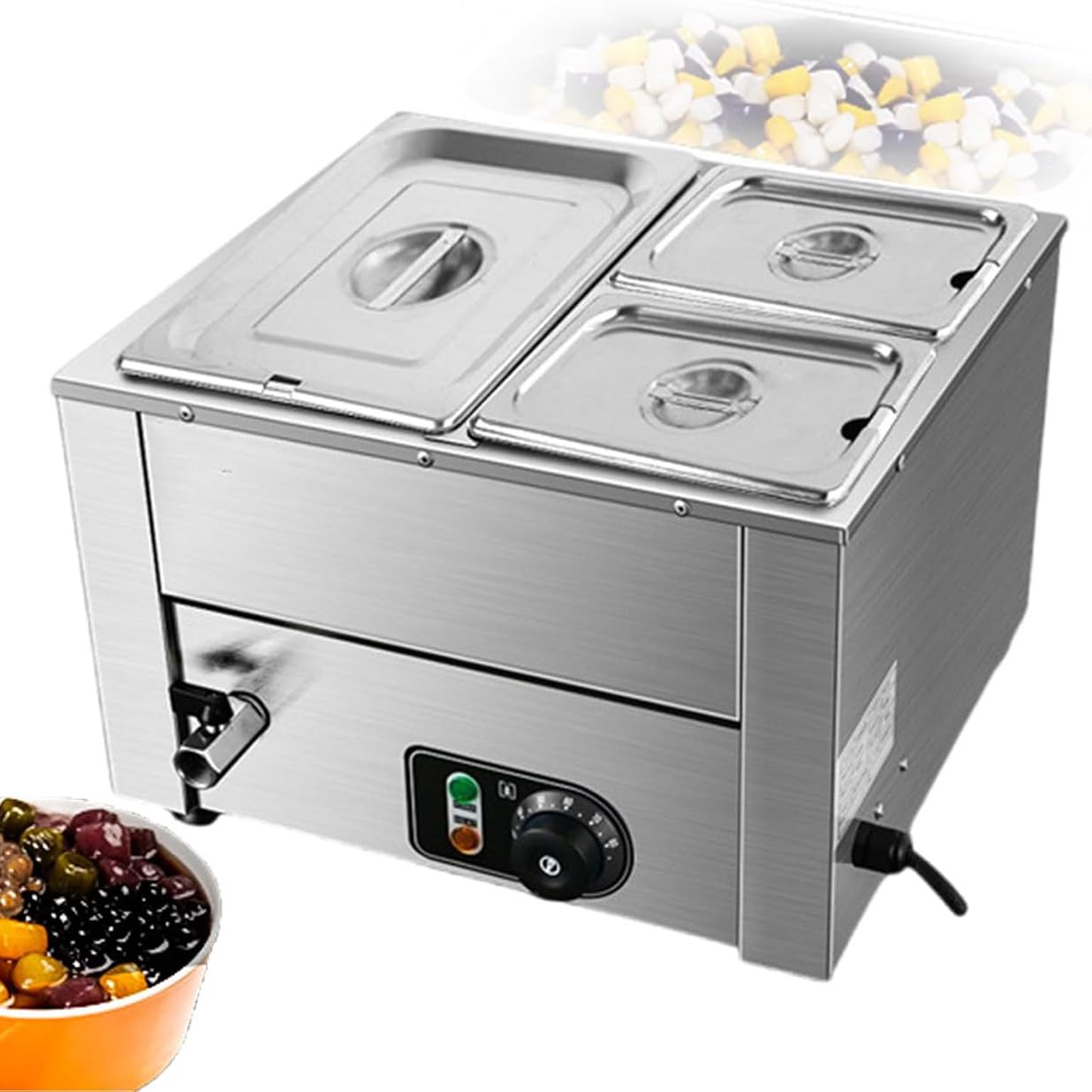 Scaldavivande Elettrico per Buffet, 18L Commerciale Scaldavivande per Zuppe Temperatura Regolabile 0-85℃, Scaldavivande Da 800 W, Vassoio per Servire a Buffet per Formaggio/Hot Dog/Riso,3Lids